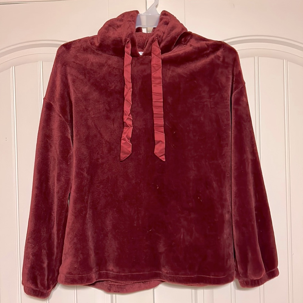 Lauren Conrad XL plush hooded maroon sweater with silk drawstrings